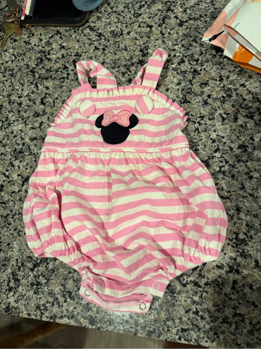 Pink & White Striped Baby One-Piece Romper with Minnie-Inspired Patch